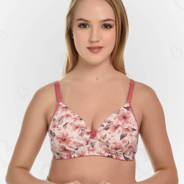 Trending Padded Non-Wired Full Cup Bra – Floral Print, Stretchable Microfiber & Lycra (Pink)