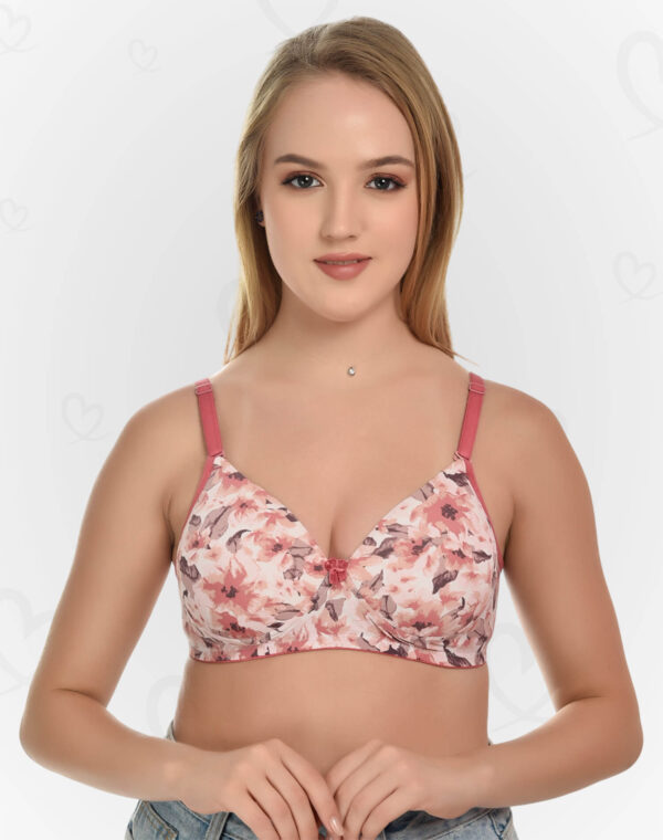 Trending Padded Non-Wired Full Cup Bra – Floral Print, Stretchable Microfiber & Lycra (Pink)