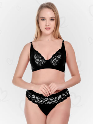 Elegant Lace & Lycra Lingerie(Bra & Panty) Set – Soft, Stretchable, and Breathable Intimates for a Feminine, Sexy, and Comfortable Fit (Black Color)