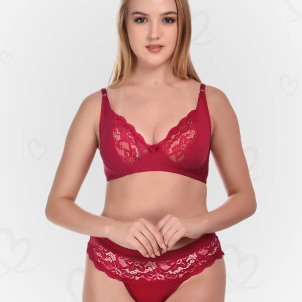 Elegant Lace & Lycra Lingerie(Bra & Panty) Set – Soft, Stretchable, and Breathable Intimates for a Feminine, Sexy, and Comfortable Fit (Maroon Color)