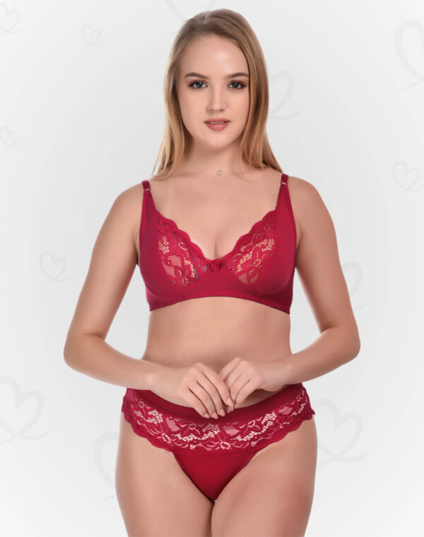 Elegant Lace & Lycra Lingerie(Bra & Panty) Set – Soft, Stretchable, and Breathable Intimates for a Feminine, Sexy, and Comfortable Fit (Maroon Color)